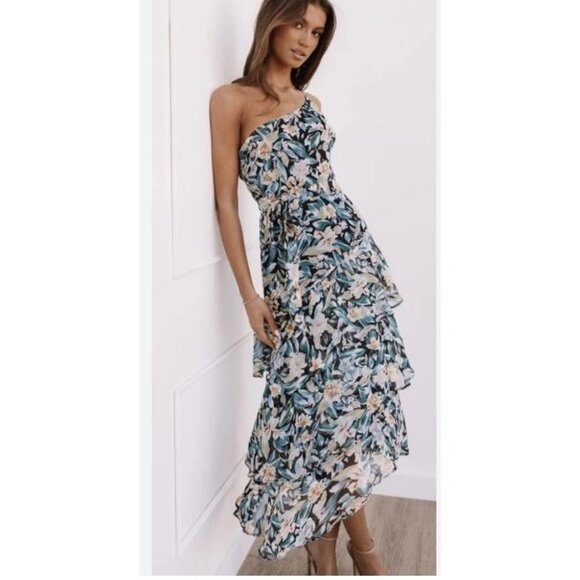 Petal + Pup Floral Ruffle Tiered Asymmetrical Midi Dress Black US 4 Boho Chic - Picture 1 of 11
